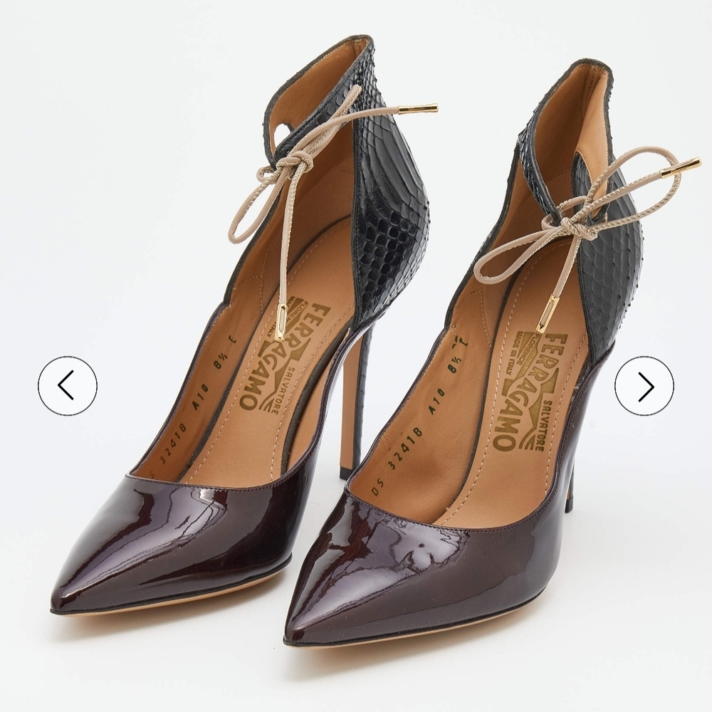 Salvatore Ferragamo Two-Tone Pointed Toe Lace-Up Pumps in Burgundy